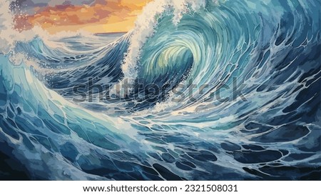 Big wave in a raging sea. A strong storm in the ocean. Big waves. Blue tones. The power of raging nature. Seascape, artwork. Vector illustration design Royalty-Free Stock Photo #2321508031