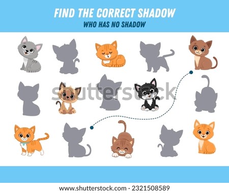 Find correct shadow of cats. Educational logical game for kids. Cartoon animals. Vector illustration