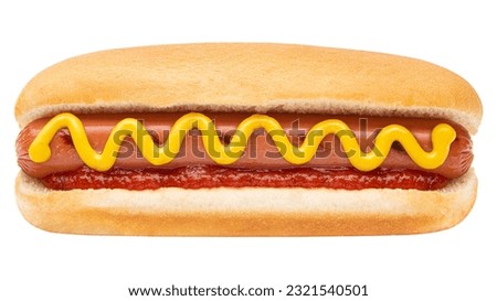 Hot Dog. Classic Hot Dog bun with pork or beef sausage, wiener or frankfurter and mustard, ketchup. Traditional American US or USA fast food. Grilled Hot Dog on July 4th Independence Day United States Royalty-Free Stock Photo #2321540501