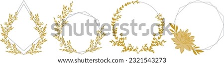 Luxurious botanical golden elements with a silver frame on a transparent background. Set of round shapes, sequins, leaves, leaf branches. Elegant foliage design for wedding, cards, invitations, congra