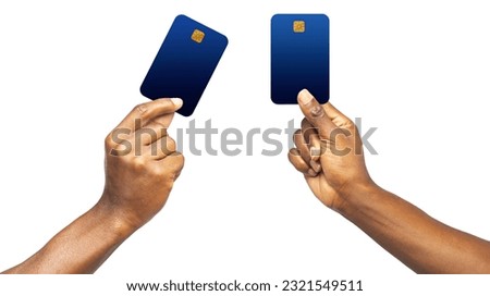 Black hands holding ATM cards isolated on white background.  male hand holding blank paper card, Card template, clip mask Royalty-Free Stock Photo #2321549511