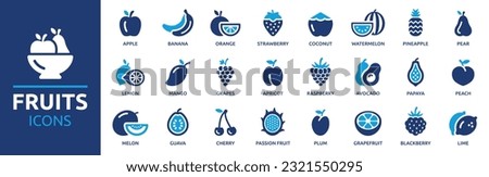 Fruits icon set. Containing apple, banana, strawberry, orange, watermelon, coconut, avocado and lemon icons. Solid icon collection. Vector illustration. Royalty-Free Stock Photo #2321550295