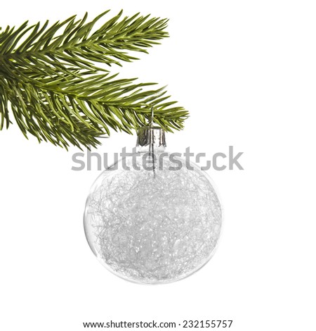 White silver Christmas ball, hanging from a pine tree branch, isolated on white background