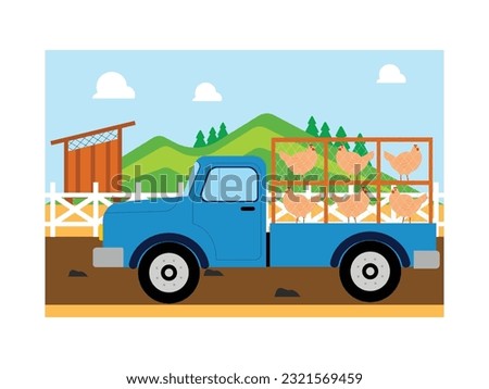 Hen transported by car, going to sell to market, farm vector illustration.