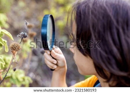 The boy is studying nature with a magnifying glass. A small child looks at a sheet with a magnifying glass. Summer holidays for inquisitive children in the forest. Hiking. Scout Royalty-Free Stock Photo #2321580193