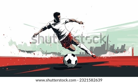 Football Player In Action On Stadium Vector Illustration. Soccer Player Kicking Ball.