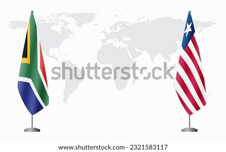 South Africa and Liberia flags for official meeting against background of world map.