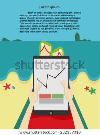 Man on the beach with tablet-PC,vector illustration
