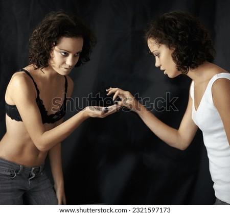 Diet, pills and woman with anorexia in studio for mental health, crisis or problem on black background. Weight loss, medication and obsession by lady with body dysmorphia, bulimia or eating disorder Royalty-Free Stock Photo #2321597173