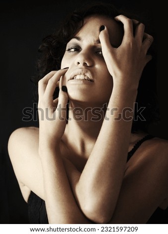 Portrait, depression and woman with anorexia in studio with bulimia, body dysmorphia and crisis on black background. Anxiety, psychology and face anorexic female person with eating disorder and shame Royalty-Free Stock Photo #2321597209