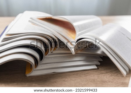 Magazines publication Newspaper and journal books: background and catalog design; article magazine press; newspaper media book knowledge; document advertising datum textbook Royalty-Free Stock Photo #2321599433