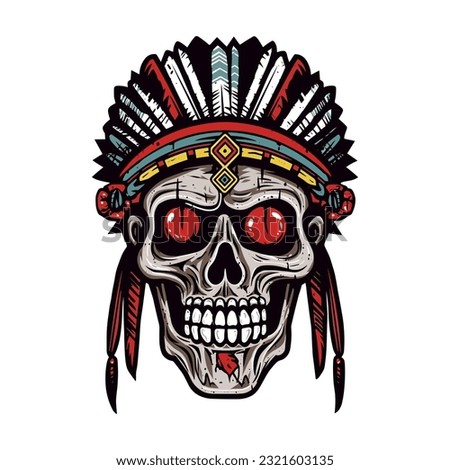 A striking Native American Indian skull head vector clip art illustration, representing cultural heritage and the cycle of life, perfect for artistic designs and spiritual themes