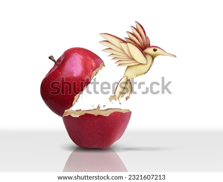 Innovative Breakthrough concept as a red apple transforming through innovation and evolution into a flying bird as a business metaphor or life motivation. Royalty-Free Stock Photo #2321607213