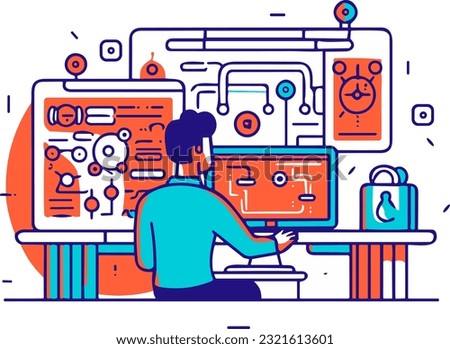A sleek flat-style illustration of a man standing in front of a large computer screen, portraying a modern and tech-savvy persona