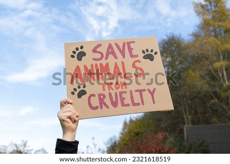 Hand holding placard sign with text Save animals from cruelty, during animal rights march. Protestor with cardboard banner at protest rally demonstration. Royalty-Free Stock Photo #2321618519