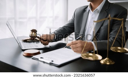  justice advice and law judge legislation concept. tribunal Attorney lawyer working with documents and white gavel on tabel in office