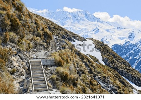 Seal Tarns Track stairs and track to the peak in Aoraki Mount Cook National Park, New Zealand