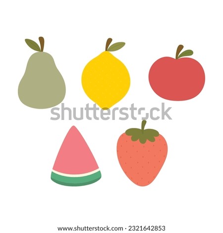 cute fruits, tomato watermelon strawberry lemon and pear illustration vector white background