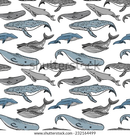 Seamless pattern with hand drawn colorful whales  2