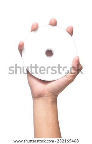 hand holding white blank CD DVD isolated on white background
