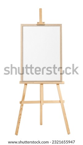 Wooden easel with blank canvas on white background. Mockup for design