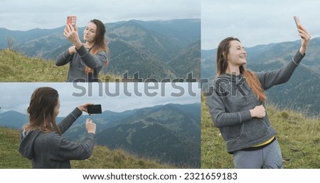 Young caucasian woman takes pictures of mountains on smartphone, makes selfie, collage. Mountains, green forest, nature, sky, beautiful.