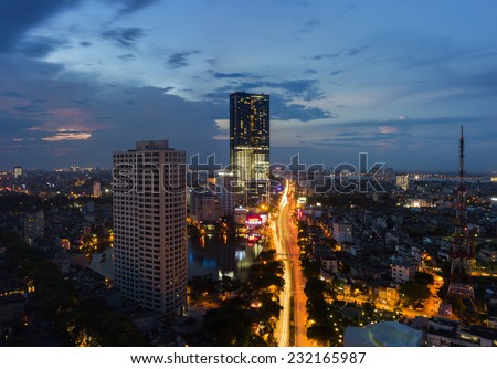 Aerial view of Hanoi skyline at sunset time