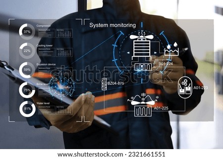 System monitoring during operation large cooling system cooling tower water cooled and brine cooling system. Virtual control panel monitoring. Royalty-Free Stock Photo #2321661551