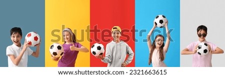 Set of children with soccer balls on color background