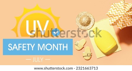 Sunscreen cream and beach accessories on orange background. Banner for Ultraviolet Safety Month Royalty-Free Stock Photo #2321663713