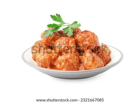 Plate of tasty meat balls with sauce isolated on white background Royalty-Free Stock Photo #2321667085