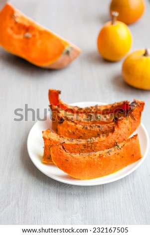 Freshly baked and juicy slices of pumpkin, food