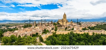 Exterior view of the Cathedral of Segovia and the fortified town, Segovia, Castilla y León, Spain Royalty-Free Stock Photo #2321675429