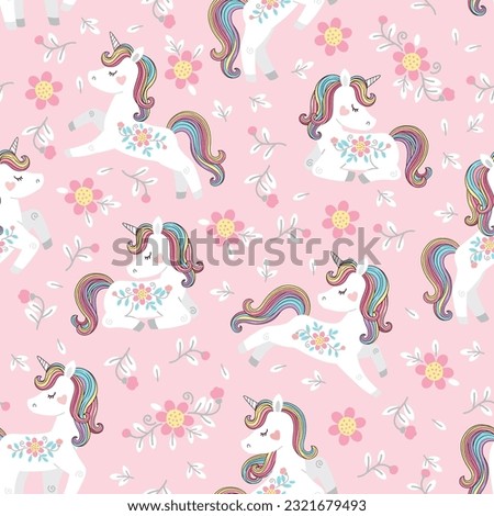 White unicorn with rainbow mane and tail. Vector seamless pattern with cute unicorns on a pink floral background