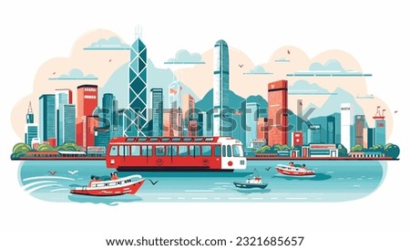 Tourist attractions in Hong Kong have many tall buildings with a river in front. vector illustration. Royalty-Free Stock Photo #2321685657
