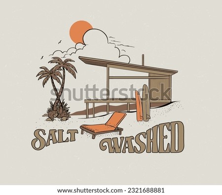 surfing beach hut vector illustration, bech chair with surfboard artwork, palm beach design for t shirt, sticker, poster, graphic print
