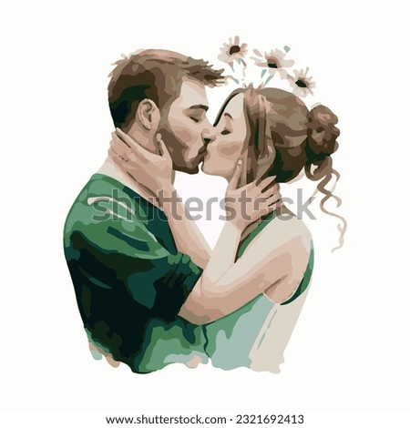 Character flat drawing loving married couple kissing and hugging. Cute young romantic couple lovers kissing. Happy man and beautiful woman prepare for wedding party. Cartoon design vector illustration Royalty-Free Stock Photo #2321692413