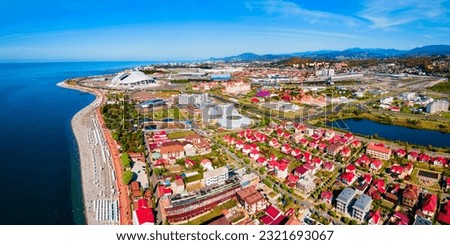Sochi Olympic Park aerial panoramic view. Park was constructed for the 2014 Winter Olympics and Paralympics. Royalty-Free Stock Photo #2321693067