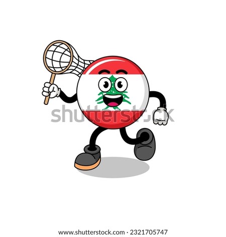 Cartoon of lebanon flag catching a butterfly , character design