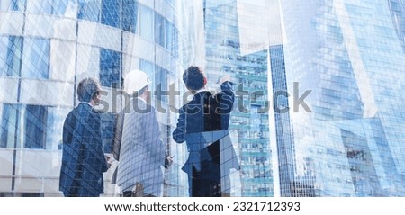 construction work and commercial real estate development, business background banner double exposure Royalty-Free Stock Photo #2321712393