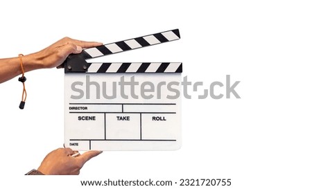 film crew holding film slate and a camera filming a movie in the 
 white studio background