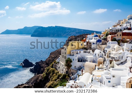 GREECE, SANTORINI- OCT 3: Top view to the sea and village Oia. October 3, 2014
