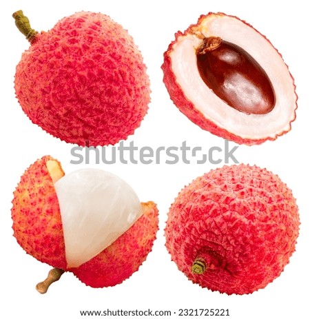 Collection of Red Lychee fruit isolated on white background, Fresh Red Lychee or Litchi Chinensis fruit on White Background With clipping path. Royalty-Free Stock Photo #2321725221