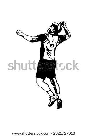 Badminton player. Man performing a clear shot. Poster template. Black and white hand-drawn image. Vector illustration.