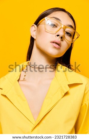 attractive woman girl fashion joy young background beautiful trendy glasses lifestyle yellow