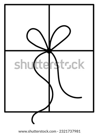 Gift with bow on ribbon string vector silhouette icon. Black line art rope cord with knot and bow for birthday or holiday christmas present wrap package decoration.