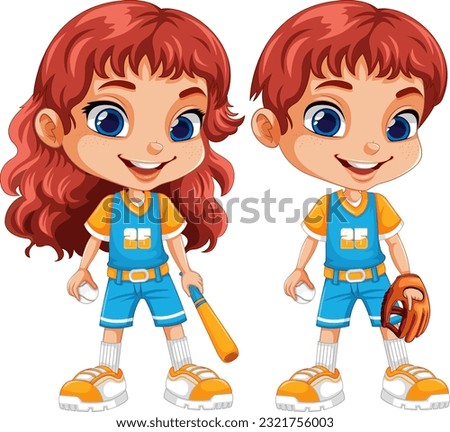 Couple Kids in Baseball Outfits Vector illustration