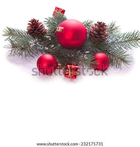 Christmas ornaments on Christmas tree isolated. Christmas border with ornament, present and snow