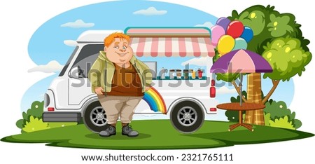 Overweight man in front of coffee food truck illustration