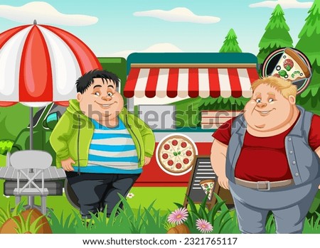 Overweight man in front of pizza food truck illustration
